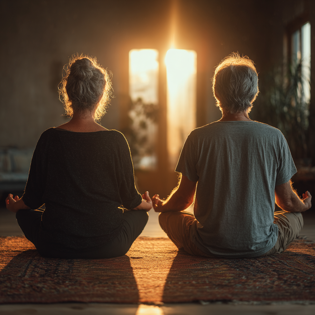 Idős hölgy jógázik a napfényben